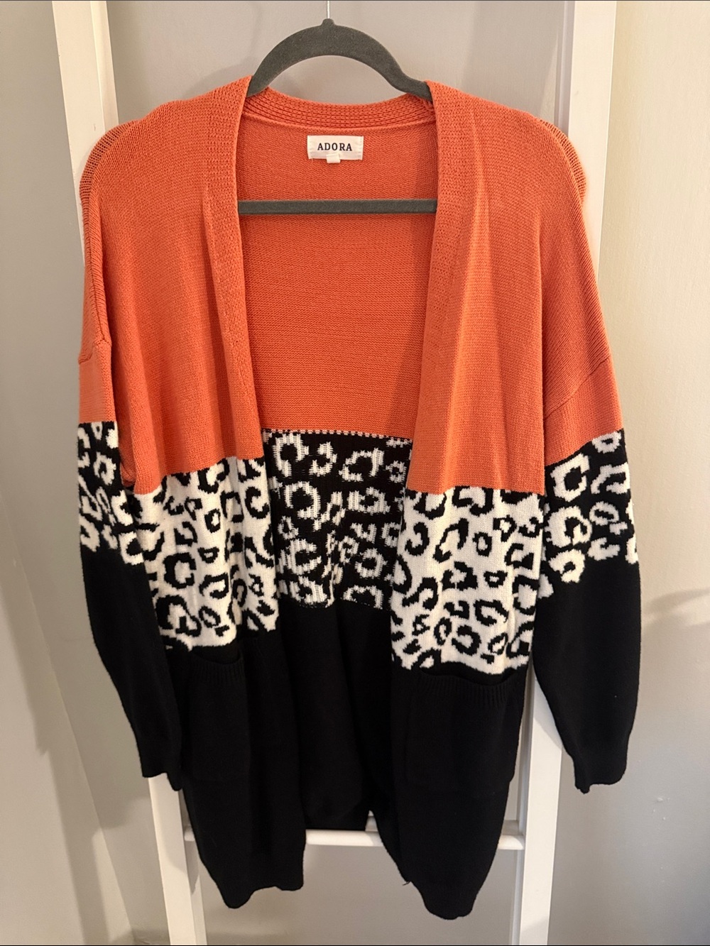 ADORA Coral, Black & White Leopard Colorblock Open Cardigan
